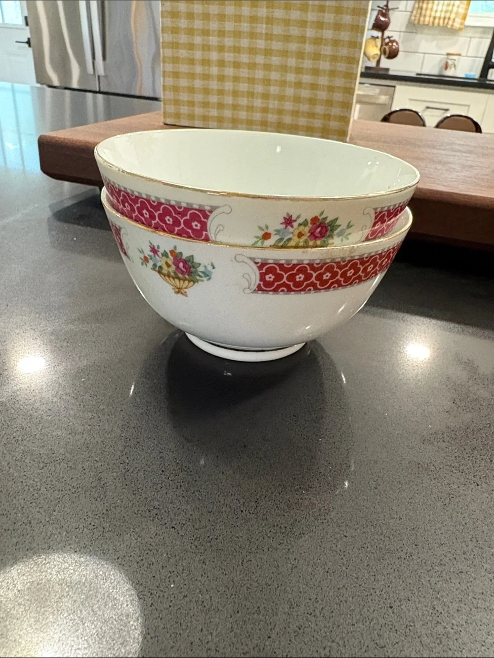 Vintage Chinese White Porcelain Rose Bouquet Rice Bowl-Set of 2